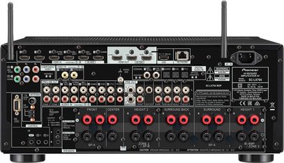 Pioneer SC-LX704 sølvfarvet hjemmebiografsforstærker, frontpanel, frontvisning, mange stik og kontrolknapper