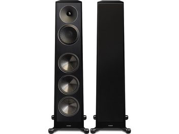 Due diffusori da pavimento Paradigm Founder 120H nero laccato, visti frontalmente, con tre altoparlanti rotondi e un tweeter su ciascun diffusore