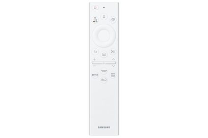 Hvid Samsung fjernbetjening med knapper til at styre et tv, set forfra på hvid baggrund