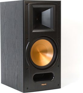 Klipsch RB-81 MkII sort bibliotekshøjttaler set forfra, kobberfarvet højttalerenhed, diskantdome, frontrør