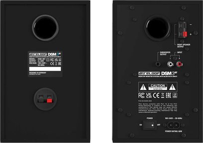 Rear panels of black Reloop DSM-3 BT studio monitors with binding posts, RCA inputs, and subwoofer output
