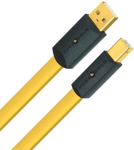 Wireworld Chroma 8 USB 2.0 A-B 3 m, fladt gult kabel, USB-A og USB-B stik med guldbelægning, sorte huse med synligt logo