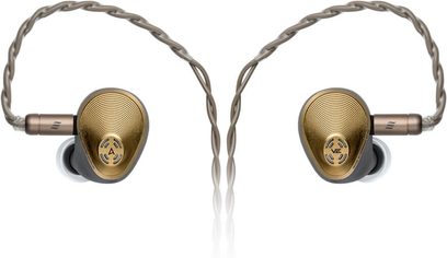 Astell&Kern AURA in-ear hovedtelefoner i guld, rent og eksklusivt design, hængende på hvid baggrund