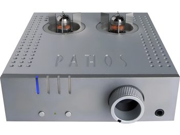 Pathos Aurium Kopfhörerverstärker in Silber, rechteckiges perforiertes Metallgehäuse, 2 Vakuumröhren, Klinkenbuchsen auf der Vorderseite
