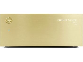 Алуминиево златисто шлифовано отделено захранване Gold Note PSU-10 EVO, преден изглед, елегантно правоъгълно чело с ембосиран кръгъл лого в горния ляв ъгъл, синьо LED индикаторче и информационен надпис вдясно