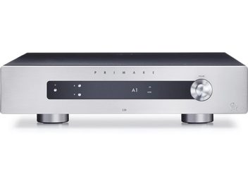 Primare I25 DAC sølvfarvet stereo hi-fi-forstærker, frontvisning, rektangulær sølvfarvet frontpanel, knapper og stik på frontpanelet