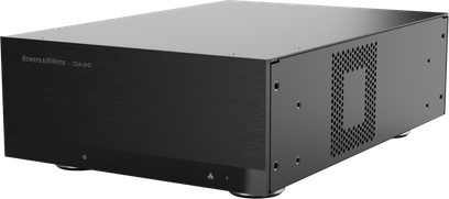 Amplificatore di potenza Bowers & Wilkins CDA-2HD in metallo nero, frontale spazzolato, feritoie laterali, vista 3/4 anteriore destra