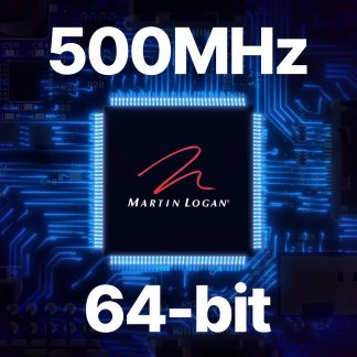 MartinLogan 500MHz 64-bit-lydchip på blåt printkort med logo i midten