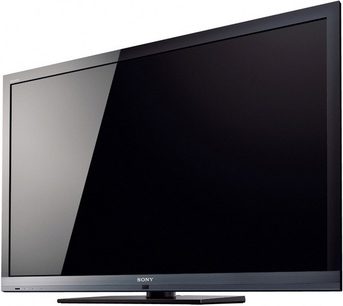 Sony KDL-46EX710 sort fladskærms-TV, frontvisning, slukket, på grå metalstander