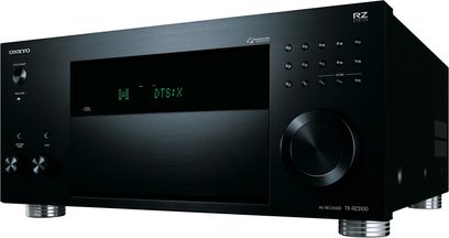 Onkyo TX-RZ3100 sort hjemmebiografsforstærker, frontpanel med display, knapper og drejeknapper, set forfra