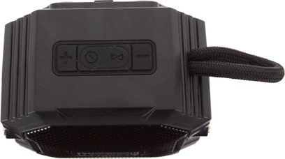 Yourban Getone 15 siyah Bluetooth hoparlör, üstten görünüm, dikdörtgen kontrol düğmeleri, sağda örgülü askı kayışı