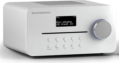 Rádio Scansonic SC-R5 bílé, pohled zepředu, displej zobrazuje „Now playing CD track 12“, tlačítka a ovládací kolečko