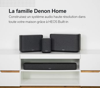 Denon Home 550 black soundbar, front and top view, consisting of 3 rectangular speakers on a white wooden shelf