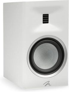 Witte glanzende Motion B10 boekenplankluidspreker met rechthoekige behuizing, ronde luidspreker en zwarte rechthoekige grill