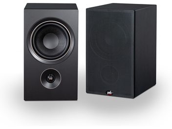 Enceinte bibliothèque PSB Alpha P5 frêne noir, vue de face et de côté, boîtier noir, haut-parleur rond, tweeter