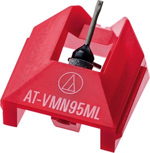 Diamant til pladespiller AT-VMN95ML, rød vinklet struktur, sort nålespids, let fugleperspektiv, hvidt logo trykt