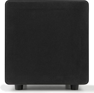 Sonance D8 sort subwoofer, set forfra, kubisk form, mat sort tekstureret overflade, sorte plastikfødder