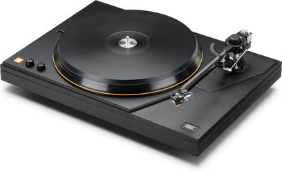 Pickup vinil Mofi Electronics MasterDeck negru, vedere din trei sferturi, platan negru cu contur portocaliu și braț drept