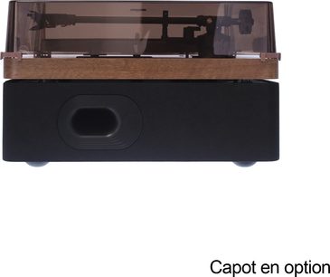 Gramofon Enova HIFI VELA VP4, dřevo a plast, kouřový kryt, černý podstavec s oválným předním otvorem, pohled zepředu