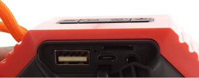 Přenosný reproduktor Yourban Getone 15, pohled shora, konektory USB, micro USB, audio jack, ovládací tlačítka, oranžový popruh