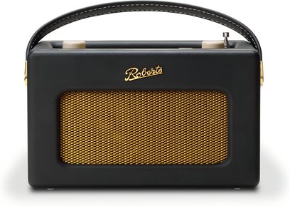 Bærbar Roberts Revival iStream 3L radio i sort kunstlæder, forsidegitter i forgyldt metal, buet håndtag med synlige syninger og to øverste knapper, set forfra