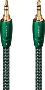 Vedere frontală a cablului analogic mini-jack de 3,5 mm Audioquest Evergreen Jack/Jack 0,6 m, cu doi conectori metalici satinați verzi cu vârfuri aurii și săgeți direcționale albe, manta împletită verde închis și neagră