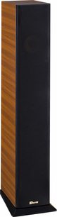 Sloupcový reproduktor Davis Acoustics Matisse 3D v ořechovém provedení, pohled zepředu, tmavá dřevěná skříň, černý přední panel, vertikální obdélníkový tvar