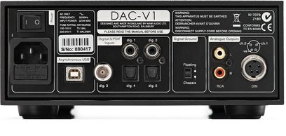 Zesilovač DAC Naim Audio DAC-V1, zadní strana, konektory analogových a digitálních audio vstupů a výstupů