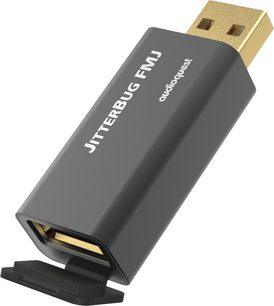 Bærbar USB-lydkonverter Audioquest Jitterbug FMJ sort, set forfra og fra siden, USB-stik i enderne