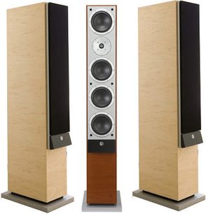 System Audio Explorer gulvhøjttaler set forfra, i lyst træ, med 4 runde sorte højttalere og en sølvfarvet diskanthøjttaler