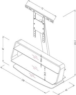 Tv-møbel i glas og metal med vægbeslag, perspektivisk sidevue, teknisk diagram med mål i millimeter