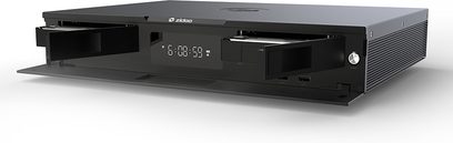 Zidoo UHD3000 sort multimedie-afspiller, frontvisning, to drevbåse, LED-display, børstet aluminiumsfront