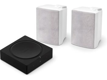 Sonos mājas kinozāles komplekts ar diviem baltiem skaļruņiem un melnu bloku trīs ceturtdaļu skatā