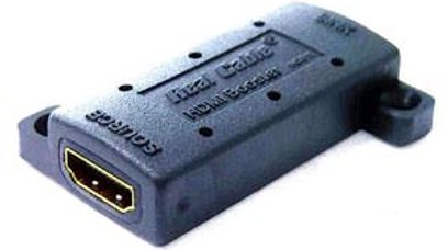 HDMI-adapter hun-til-hun Real Cable HDB11 mørkegrå mat, 5x3x1,5cm, hvide inskriptioner, gul LED