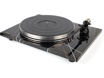 Geometrik desenli parlak siyah Auris Audio Funky pikap, gümüş tabla ve siyah tonearm