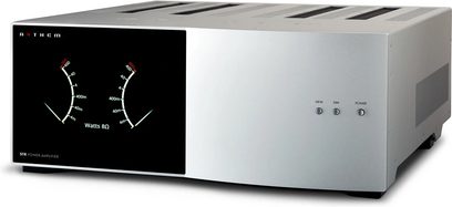 Ενισχυτής ισχύος Anthem STR Amplifier ασημί, μπροστινή όψη με ενδείξεις VU-μέτρου και χειριστήρια στην πρόσοψη