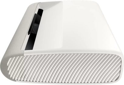 Samsung The Premiere SP-LPU7D projektor, set ovenfra, hvid overflade, buet frontgitter, sorte detaljer