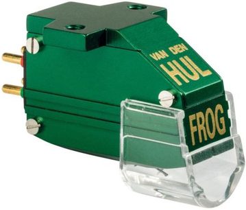 Pickup til hi-fi pladespiller Van den Hul The Frog Gold, grøn krop, gyldne inskriptioner, gennemsigtigt dæksel, 2 forgyldte stik
