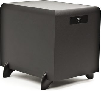 Klipsch SW-350 sort mat subwoofer, 3/4 forvisning fra højre, kubisk form med afrundede hjørner, sort frontgitter
