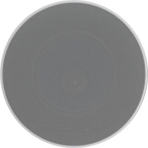 Rund indbygningsvenlig højttaler fra Bowers & Wilkins CCM682, med perforeret metalrist i lys grå, set forfra