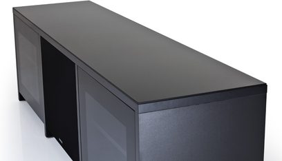 Sonorous LBA1620 sort TV-møbel, 2 sorte glaslåger, 2 hylder, rektangulær mat sort struktur, set forfra