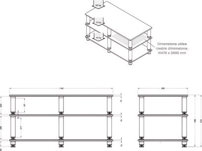 Technische Zeichnung mit Vorder-, Seiten- und Draufsicht eines TV-Möbels Norstone Design Stäbbl AV aus Glas und Metall, Abmessungen 1140x590x475 mm