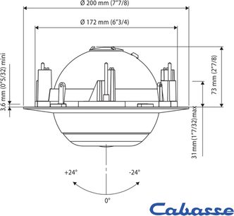 Enceinte encastrable au plafond Cabasse Eole 3 in ceiling, schéma technique avec dimensions en vue de face et de profil