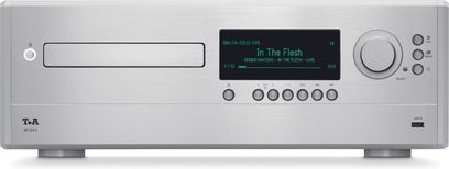 Lettore CD T+A MP 2500 R argentato, visto di fronte, con cassetto del disco, display nero e grande manopola a destra