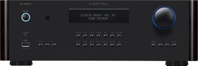 Preamplificatore stereo RC-1590 MKII nero, vista frontale, manopola del volume a destra, schermo centrale, vari pulsanti e porte in basso