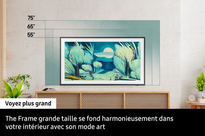 Televizor Samsung TQ55LS03FAU 2025 s přední stranou v černém rámu zobrazující umělecký obraz, dostupné velikosti 55", 65", 75"