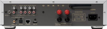 Onkyo Y-40 silber integrierter Stereo-HiFi-Verstärker Rückansicht mit Lautsprecherklemmen und digitalen sowie analogen Audioeingängen