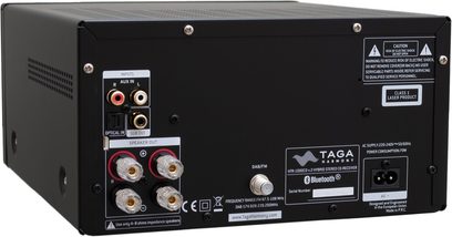 Højkvalitets "Taga Harmony HTR-1000CD V.2 sort" hi-fi-system med CD-afspiller, Bluetooth, audio-ind- og udgange, set forfra