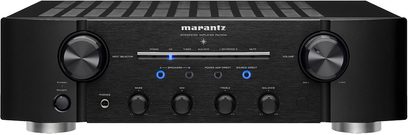 Marantz PM7004 sort hi-fi stereforstærker, set forfra, sort front med sølvfarvede knapper og drejeknapper, blå display i midten
