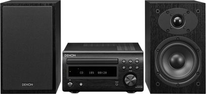 Mini-anlæg Hi-Fi Denon D-M41DAB sort, træhøjttalere, aluminiumsforstærker, blåt display, kubisk subwoofer